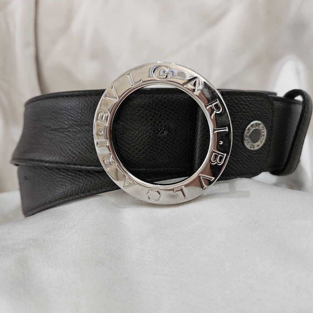BVLGARI Leather Belt Circular Silver Buckle | Dark Brown Size 44